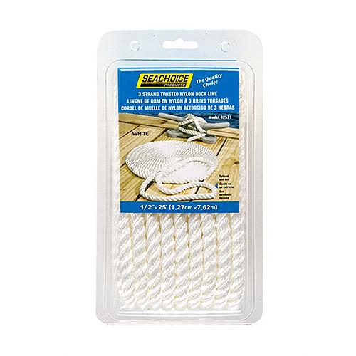 Seachoice High Quality Dock Rope for Boating - 3-Strand Twisted Nylon Dock Line, ½-Inch x 25 Feet, White