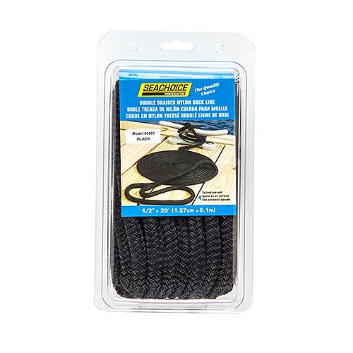Seachoice Double-Braid Nylon Dock Line w/ Eye Splice, Pre-Shrunk, Heat Stabilized, 1/2 In. X 20 Ft., Black